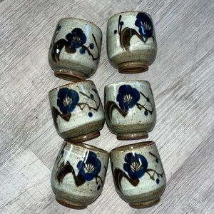 Vintage Japanese Tea Cups Set of 6 2" Stoneware Blue Brown Flower Design